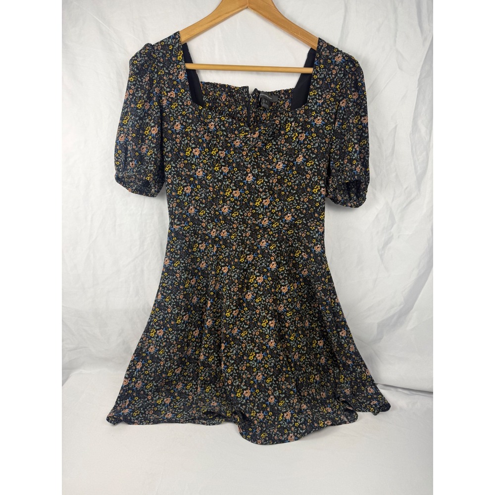 French Connection Floral Mini Dress Black Ditsy Puff Sleeve Smocked Back Size 4